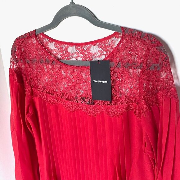 The Kooples Red Lace Chiffon Shift Dress Medium Red Long Sleeve Pleated Mini - Picture 6 of 11